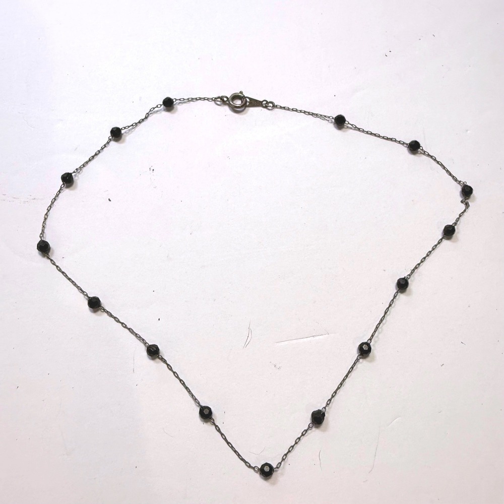 Vintage Black Faceted Bead Station Necklace Silver Tone Korea 16 Inch Goth Retro